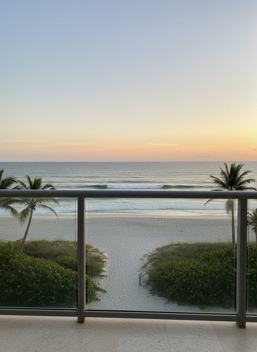 A serene Boca Raton beachfront scene at sunrise, focusing on the view a future homeowner might enjoy from a private oceanfront balcony. The foreground shows a sleek glass and stainless steel railing with a hint of light-colored stone flooring, while beyond, gentle waves roll onto a pristine sandy beach framed by sea grapes and tall palms. Soft pink and gold morning light illuminates the horizon, creating a tranquil gradient in the sky and subtle sparkle on the water. The photograph is composed at eye level, with a shallow depth of field that keeps the railing crisp while allowing the ocean and sky to softly recede, conveying a sophisticated, aspirational South Florida lifestyle.
