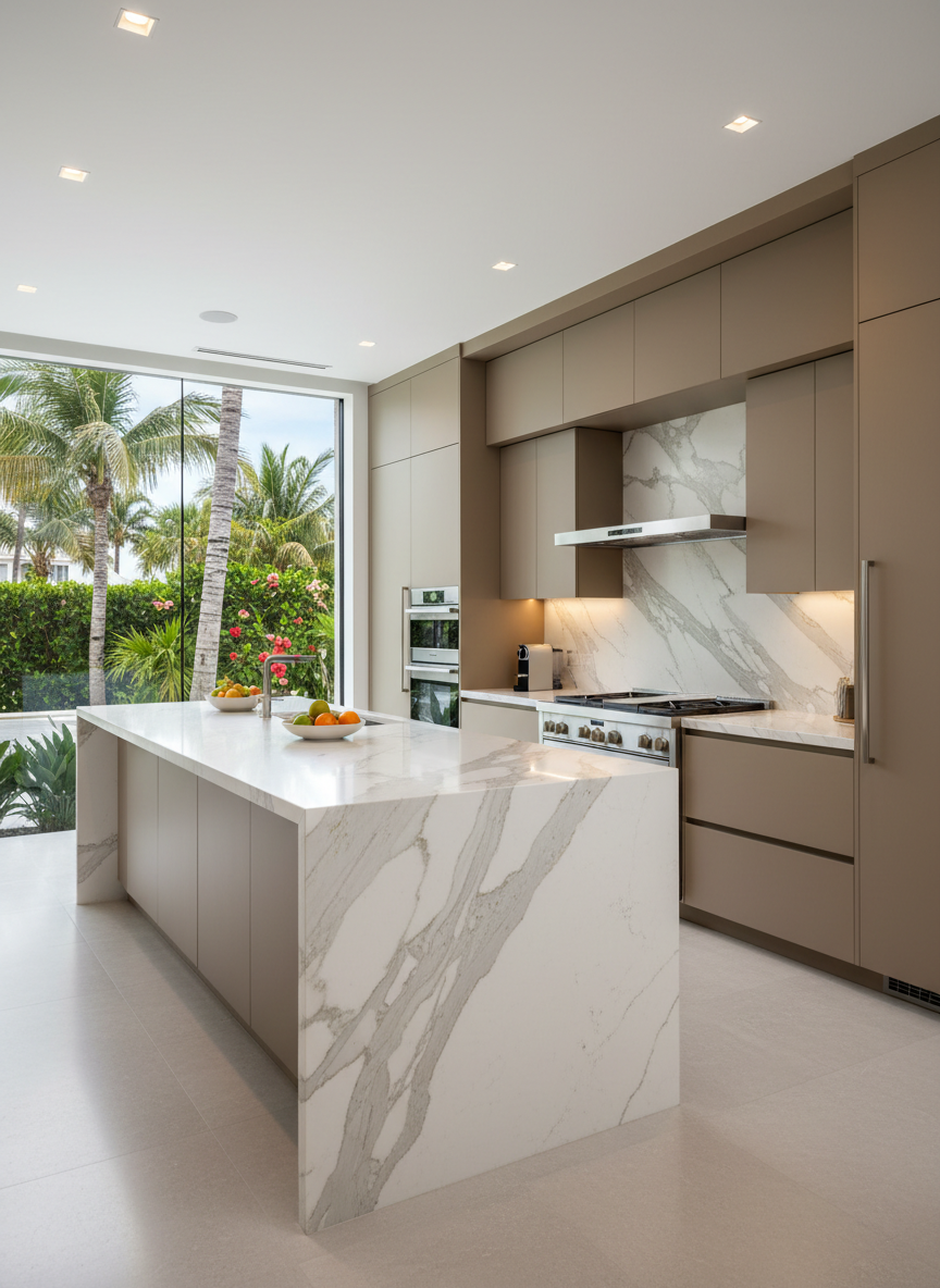 A meticulously staged contemporary kitchen in a high-end Boca Raton home, captured in realistic photographic style. The space features an oversized waterfall-edge island in white-veined quartz, flat-panel cabinetry in warm matte taupe, and integrated stainless-steel appliances. A gas cooktop and sleek hood are set against a full-height marble backsplash. Beyond the island, oversized windows frame lush tropical landscaping with palms and flowering shrubs. Bright natural daylight streams in, complemented by subtle under-cabinet lighting, creating a clean, luminous atmosphere. Shot from a slightly elevated corner angle with sharp focus, the composition showcases functionality, luxury finishes, and airy South Florida living, ideal for presenting premium listings.